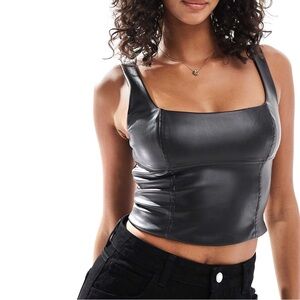 Bershka faux leather milkmaid top in black
